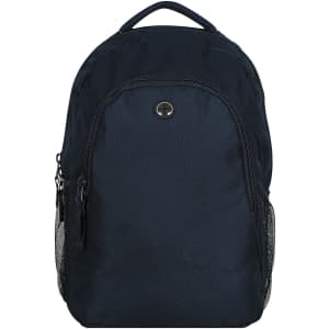 A dark navy backpack with a zippered front pocket and mesh side pockets, featuring a logo on the front.
