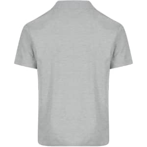 A grey polo shirt with a classic collar and short sleeves, featuring a logo on the back.