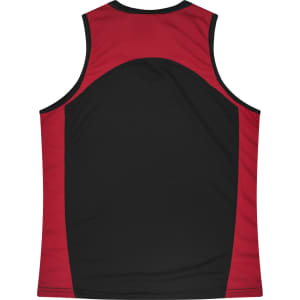 A red and black singlet with a curved design on the back and a small logo.