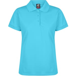 A teal polo shirt featuring a classic collar and button placket, with a branding logo on the label.