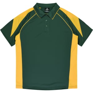 A green and yellow polo shirt featuring a logo, designed for kids with a sporty style.