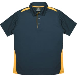 A dark green polo shirt with yellow accents and a collar, featuring a branding logo on the chest area.