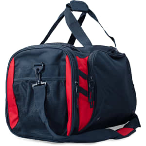 A duffle bag featuring a combination of navy and red colours, with mesh side panel and adjustable strap.