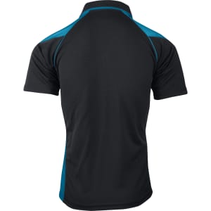 A black polo shirt with turquoise accents and a logo on the back.