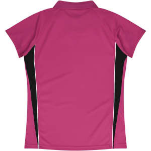 A pink polo shirt with short sleeves, featuring black side panels and white accent lines, displaying a logo.