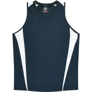 A navy blue singlet featuring white side panels and a v-neck design, with a logo present.