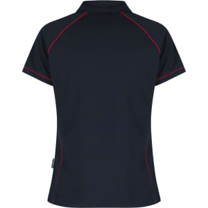 A navy polo shirt with red piping, featuring a collar and short sleeves. It includes a logo.