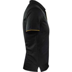 A black polo shirt with yellow tipping, featuring a side view and a collar. The shirt has a logo on it.