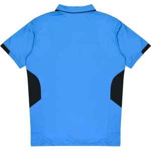 A blue polo shirt with black accents, featuring a logo on the back.