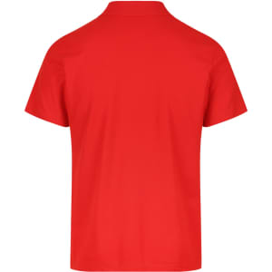 A red polo shirt featuring a collar and short sleeves, with a logo on the front.