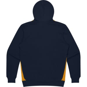 A navy hoodie featuring yellow accents on the sides. It has a hood and long sleeves.