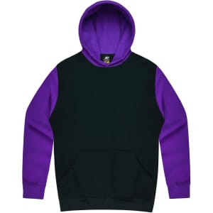 A hoodie featuring a black body with purple sleeves and a matching hood. It has a front pocket and a logo.