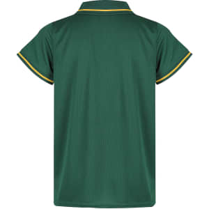 A green polo shirt with yellow and green stripes on the collar and sleeves, featuring a logo.