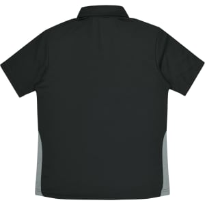 A dark green polo shirt featuring a grey side panel and a collar, with a logo on the back.