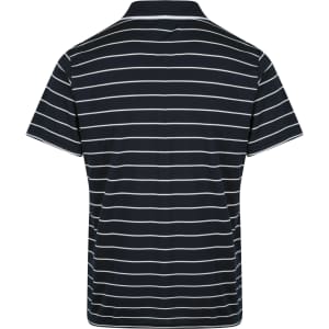 A navy blue polo shirt with white stripes and a collar, featuring a logo on the side.
