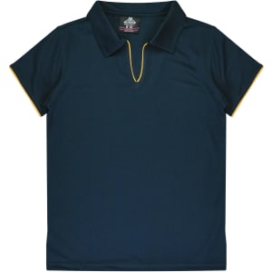 A dark navy polo shirt featuring yellow detailing, with a collar and short sleeves. The shirt has a logo on the inside.