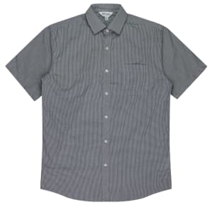 A short-sleeve button-up shirt in a black and white check pattern, featuring a single chest pocket and a collar.