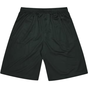 Green kids' sports shorts with an elastic waistband and a logo on one side. Suitable for athletic activities.