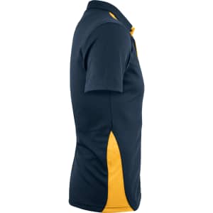 A navy blue polo shirt with yellow accents, featuring a branded logo on the chest.