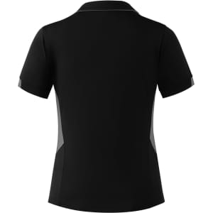 A black polo shirt featuring contrasting grey panel details and a logo. Suitable for casual or sporting wear.