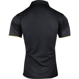 A black polo shirt with short sleeves featuring a contrasting trim and a logo on the front.