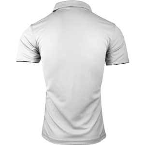 A white polo shirt featuring a simple design with contrasting trim and a collar, displaying no visible branding.