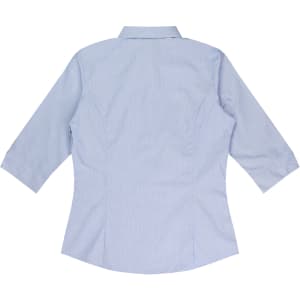 A light blue button-up shirt with 3/4 sleeves and a fitted silhouette, featuring a logo.