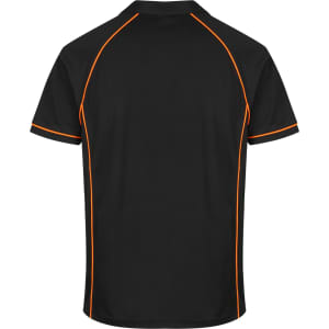 A black polo shirt with orange piping and a logo on the back.