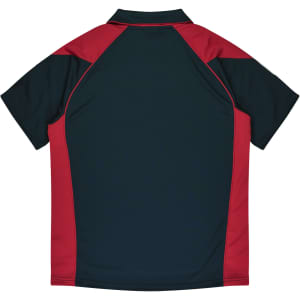 A polo shirt featuring a navy blue and red design, with a collar and short sleeves, including a logo.