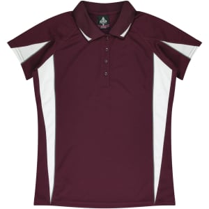 A burgundy polo shirt with white accents and a collar, featuring a buttoned placket and a logo.