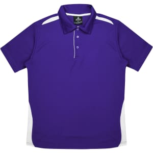 A purple polo shirt featuring white side accents and a collar, with a logo on the tag.