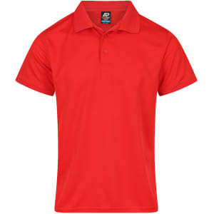 A red polo shirt with a classic collar and short sleeves. Features a logo on the label.