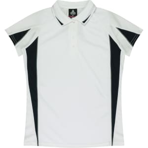A white polo shirt with black side panels and a collar. Features logo branding on the front.