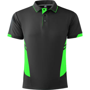 A black polo shirt with bright green accents, featuring a collar and a logo.