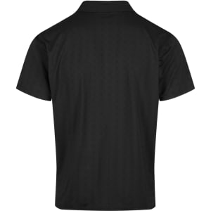 A black polo shirt featuring a collar and short sleeves, with a logo on the chest area.
