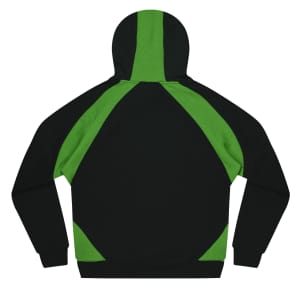 A black hoodie with green accents and a hood, featuring a branded logo.
