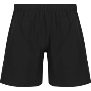 Black sports shorts with an elastic waistband and a logo. Suitable for kids' activewear.