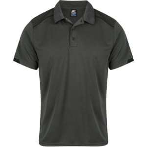 A men's polo shirt in a dark green colour with black accents on the shoulders and sleeves. It features a branded logo.