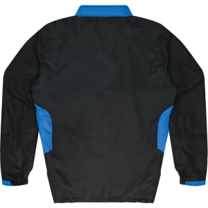 A black kids' tracktop with blue accents, featuring a collar and long sleeves. Includes a logo.