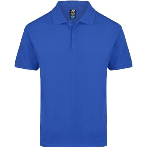 A blue polo shirt featuring a collar, short sleeves, and a three-button placket, with a logo on the label.