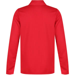 A red polo shirt with long sleeves and a collar, featuring a logo on the back.