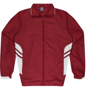 A red tracktop with white stripes, featuring a collar and full zip, designed for kids. It has a logo on the front.