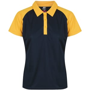 A navy and yellow polo shirt with a collared neckline and short sleeves. It features a logo.