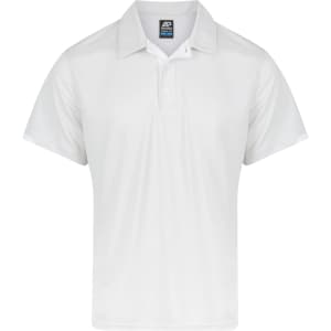 A white polo shirt with a collar and short sleeves, featuring a logo.