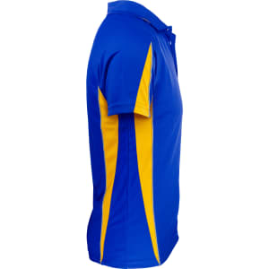 A blue polo shirt with yellow side panels and a collar, featuring a logo on the chest.