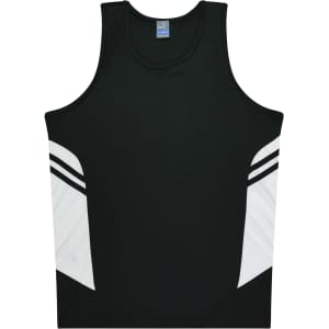 A black singlet with white accents and a logo on the front. It features a sleeveless design.