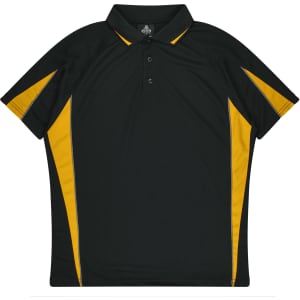 A black polo shirt with yellow accents and a logo on the chest area. Suitable for kids.