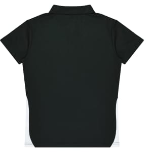 A dark green polo shirt featuring a white side panel and a collar. The garment has a logo on it.