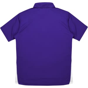 A purple polo shirt with short sleeves and a solid back design, featuring white side panels.