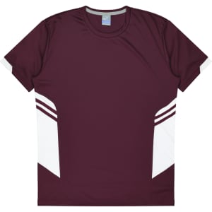 A maroon T-shirt with white panels and a logo. Suitable for kids, featuring a sporty design.